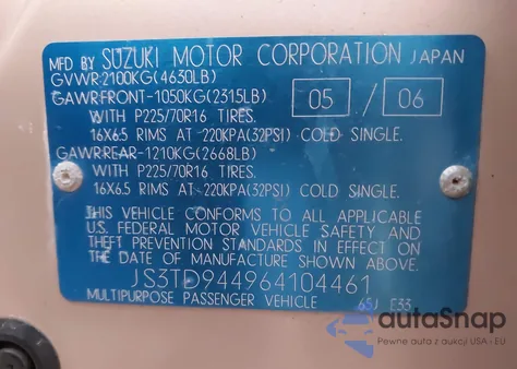 2006 Suzuki Grand Vitara Xsport z USA, uszkodzony, nr VIN JS3TD944964104461